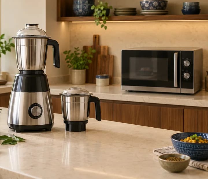 Illustrative kitchen with mixer grinder and microwave