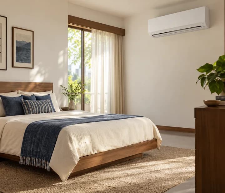 Illustrative bedroom with an unbranded wall-mounted air conditioner