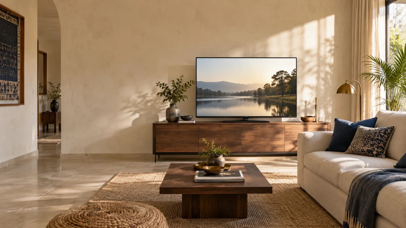A sunlit living room with a television and warm walnut furniture