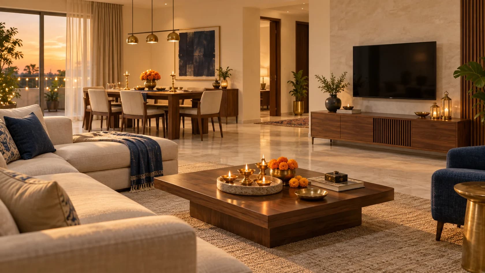 Illustrative warm home with subtle festive decoration